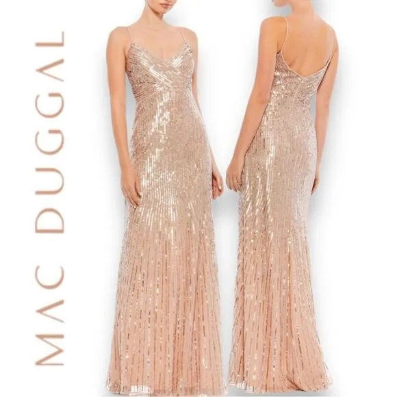 MAC DUGGAL Women’s Sequined Spaghetti Straps Gown in the Size 12 in Gold Color