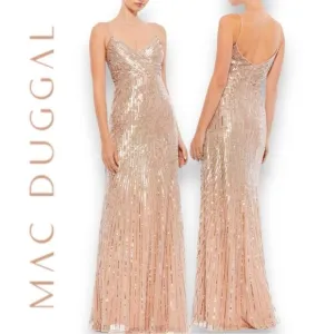 MAC DUGGAL Women’s Sequined Spaghetti Straps Gown in the Size 12 in Gold Color