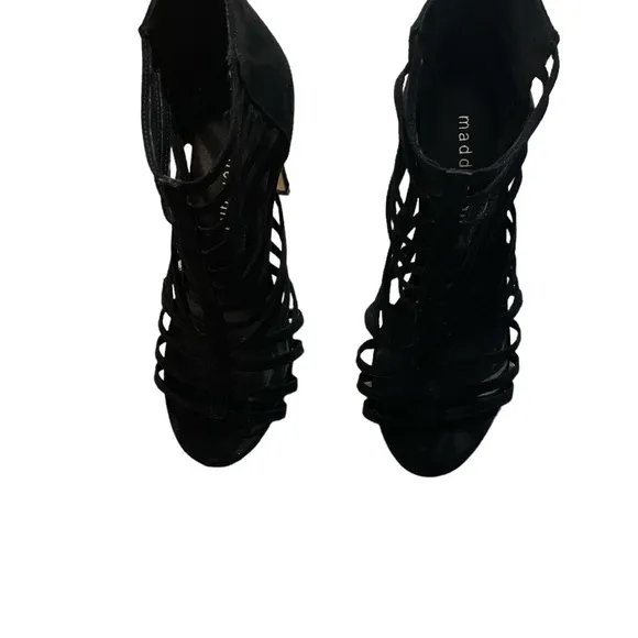 Madden Girl black cage heels strappy platform dressy suede heels sz 6 EUC