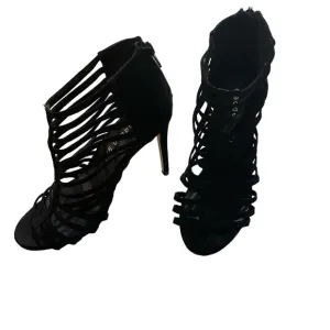Madden Girl black cage heels strappy platform dressy suede heels sz 6 EUC