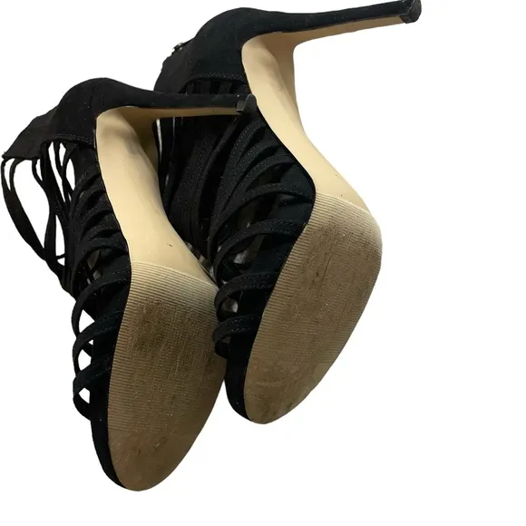 Madden Girl black cage heels strappy platform dressy suede heels sz 6 EUC