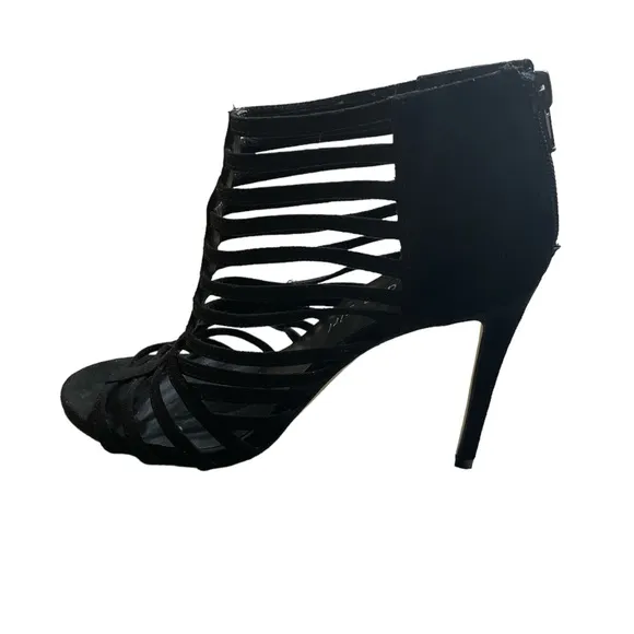 Madden Girl black cage heels strappy platform dressy suede heels sz 6 EUC