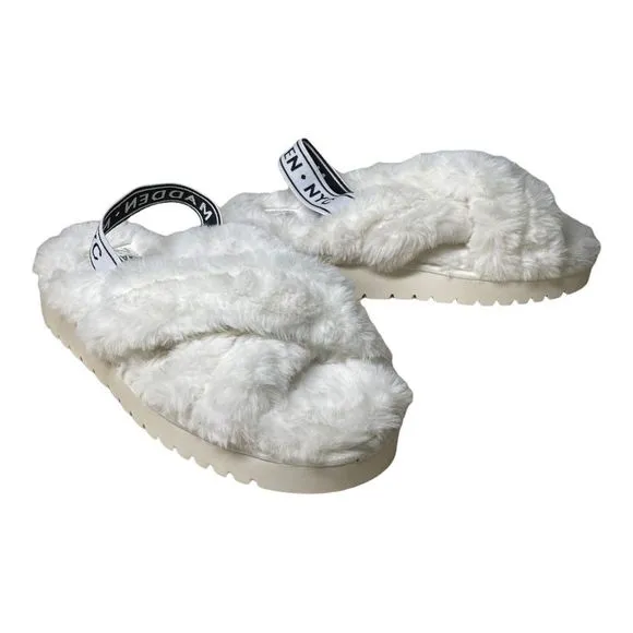 Madden NYC White Faux Fur Criss Cross Platform Slippers Size 9