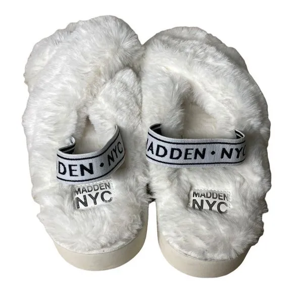 Madden NYC White Faux Fur Criss Cross Platform Slippers Size 9