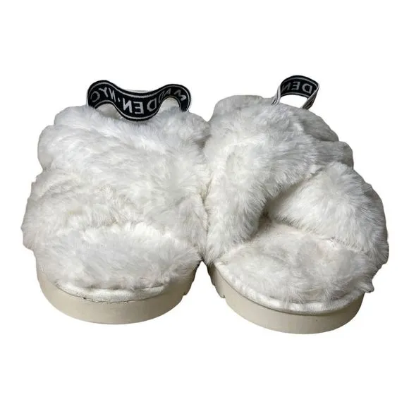 Madden NYC White Faux Fur Criss Cross Platform Slippers Size 9