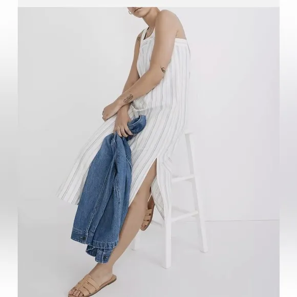 Madewell Linen Cotton Princess-Seamed Midi Dress White Size small  Stripe NWOT