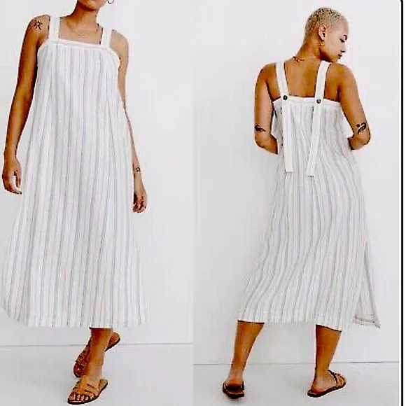 Madewell Linen Cotton Princess-Seamed Midi Dress White Size small  Stripe NWOT