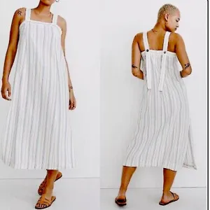 Madewell Linen Cotton Princess-Seamed Midi Dress White Size small  Stripe NWOT