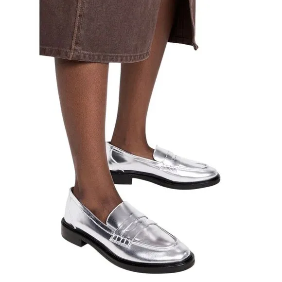 MADEWELL Shoes WMNS 7 Silver Leather The Vernon Penny Loafers Shiny Spring NN041