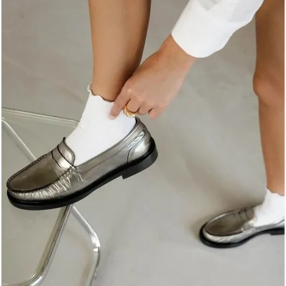MADEWELL Shoes WMNS 7 Silver Leather The Vernon Penny Loafers Shiny Spring NN041