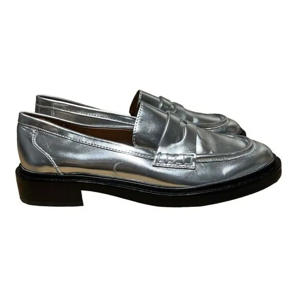 MADEWELL Shoes WMNS 7 Silver Leather The Vernon Penny Loafers Shiny Spring NN041