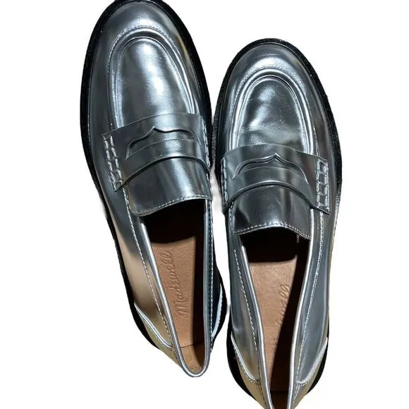MADEWELL Shoes WMNS 7 Silver Leather The Vernon Penny Loafers Shiny Spring NN041