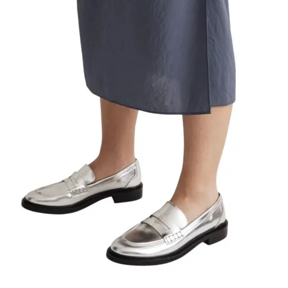 MADEWELL Shoes WMNS 7 Silver Leather The Vernon Penny Loafers Shiny Spring NN041