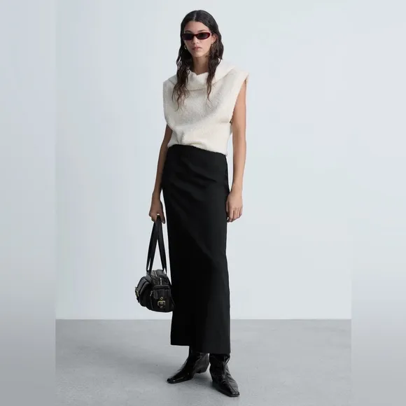MANGO Black Straight Skirt with Front Slit, Size S – Minimalist Chic, NWT