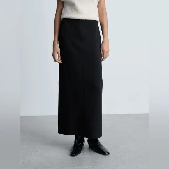 MANGO Black Straight Skirt with Front Slit, Size S – Minimalist Chic, NWT