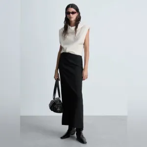MANGO Black Straight Skirt with Front Slit, Size S – Minimalist Chic, NWT