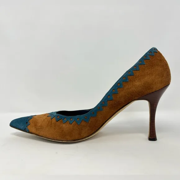 Manolo Blahnik Western Suede High Heels Pumps Brown Tan Blue Pointed Toe 39 9