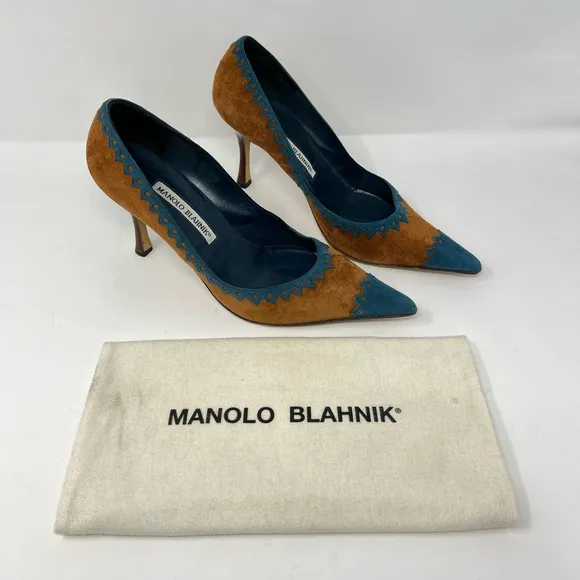 Manolo Blahnik Western Suede High Heels Pumps Brown Tan Blue Pointed Toe 39 9