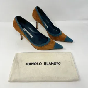 Manolo Blahnik Western Suede High Heels Pumps Brown Tan Blue Pointed Toe 39 9