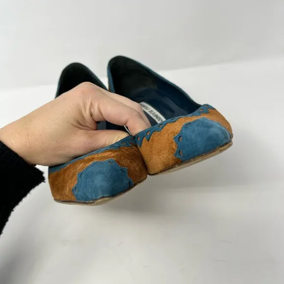 Manolo Blahnik Western Suede High Heels Pumps Brown Tan Blue Pointed Toe 39 9