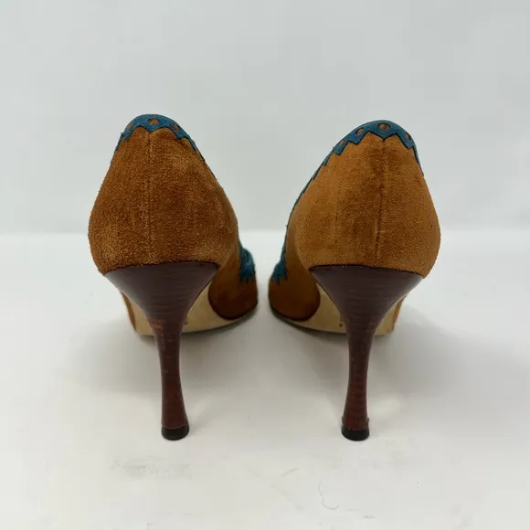 Manolo Blahnik Western Suede High Heels Pumps Brown Tan Blue Pointed Toe 39 9