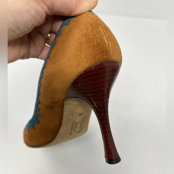 Manolo Blahnik Western Suede High Heels Pumps Brown Tan Blue Pointed Toe 39 9