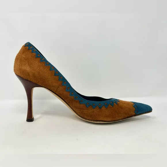 Manolo Blahnik Western Suede High Heels Pumps Brown Tan Blue Pointed Toe 39 9
