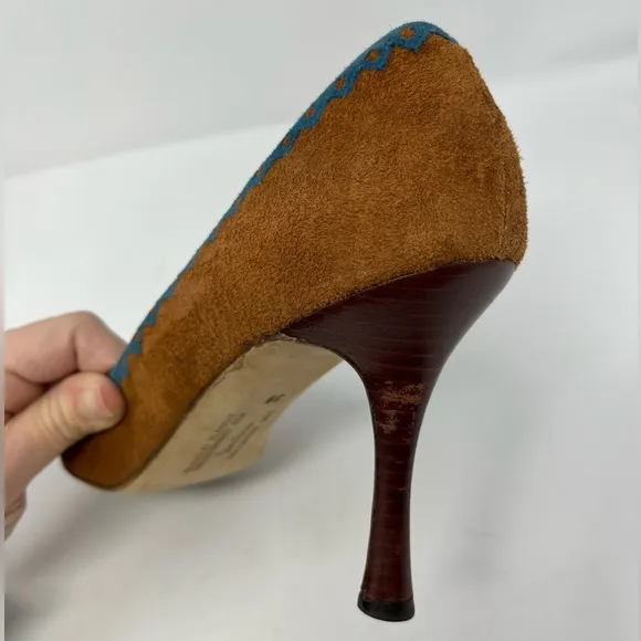 Manolo Blahnik Western Suede High Heels Pumps Brown Tan Blue Pointed Toe 39 9