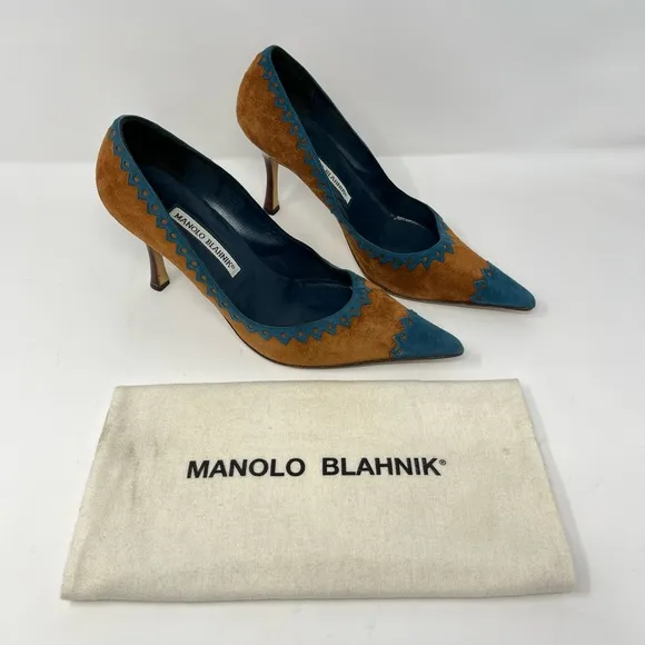 Manolo Blahnik Western Suede High Heels Pumps Brown Tan Blue Pointed Toe 39 9