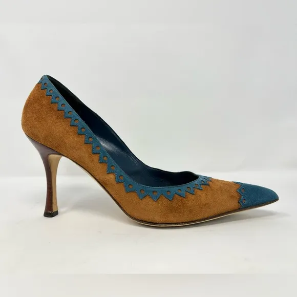 Manolo Blahnik Western Suede High Heels Pumps Brown Tan Blue Pointed Toe 39 9