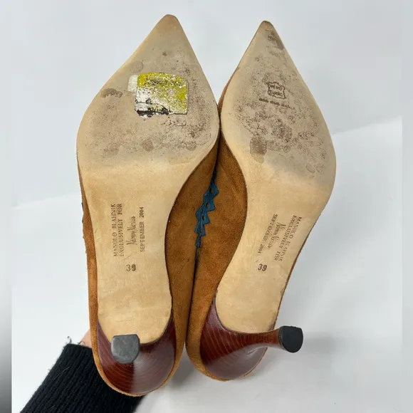 Manolo Blahnik Western Suede High Heels Pumps Brown Tan Blue Pointed Toe 39 9