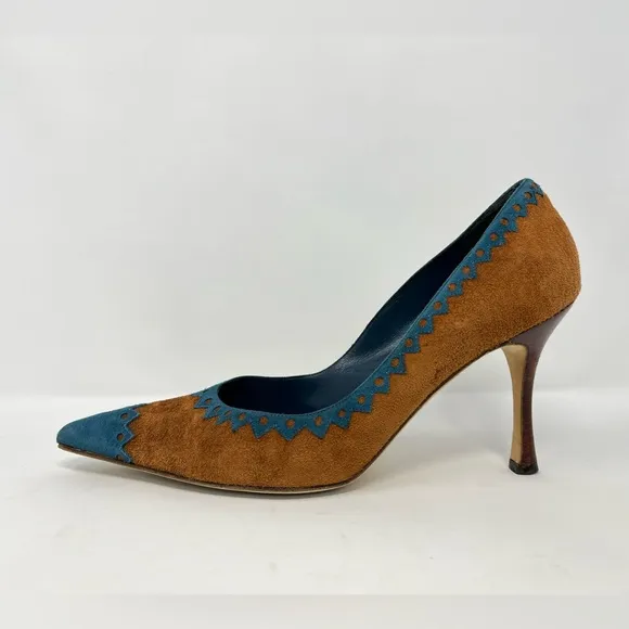 Manolo Blahnik Western Suede High Heels Pumps Brown Tan Blue Pointed Toe 39 9