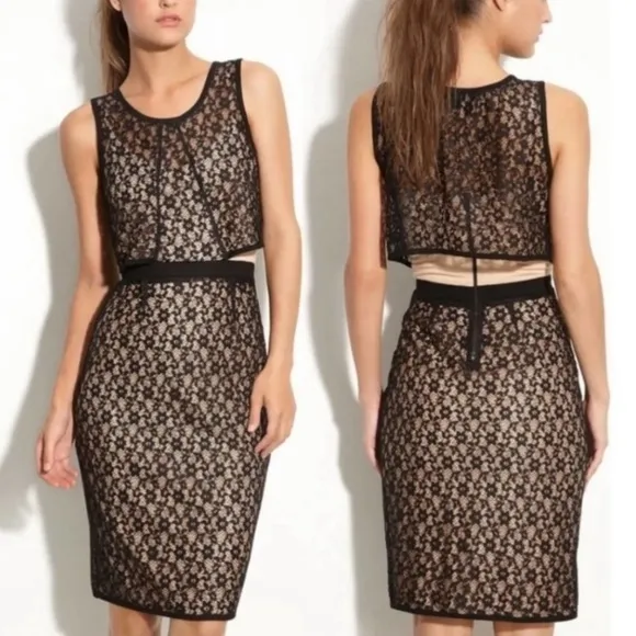 Marc Jacobs Dahlia Luxury Lace Overlay Sleeveless Cocktail Dress Black and Cream