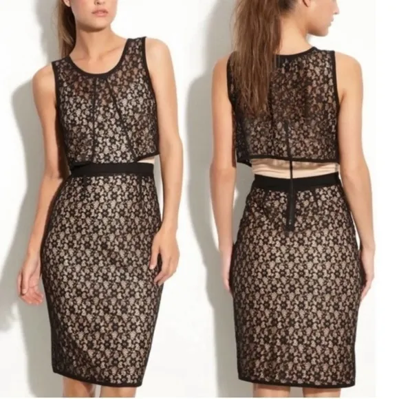 Marc Jacobs Dahlia Luxury Lace Overlay Sleeveless Cocktail Dress Black and Cream