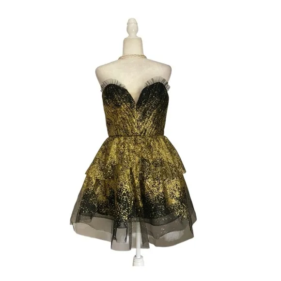 Marchesa Notte Strapless Tiered Glittered Tulle Mini Dress Black Gold