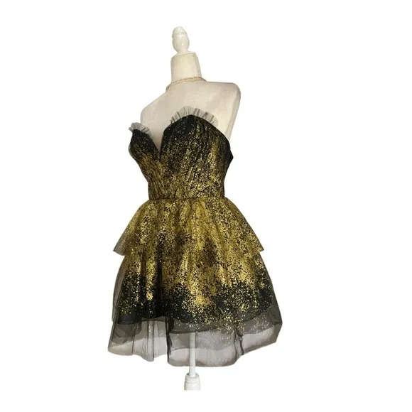 Marchesa Notte Strapless Tiered Glittered Tulle Mini Dress Black Gold