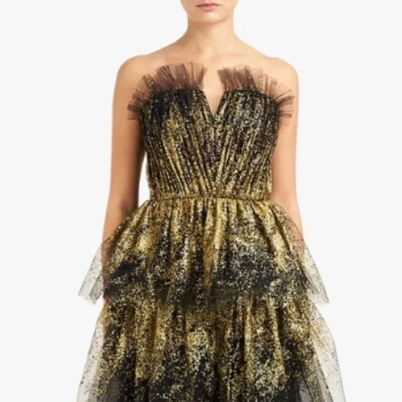 Marchesa Notte Strapless Tiered Glittered Tulle Mini Dress Black Gold