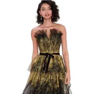 Marchesa Notte Strapless Tiered Glittered Tulle Mini Dress Black Gold