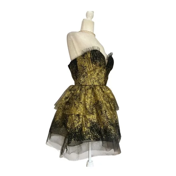 Marchesa Notte Strapless Tiered Glittered Tulle Mini Dress Black Gold