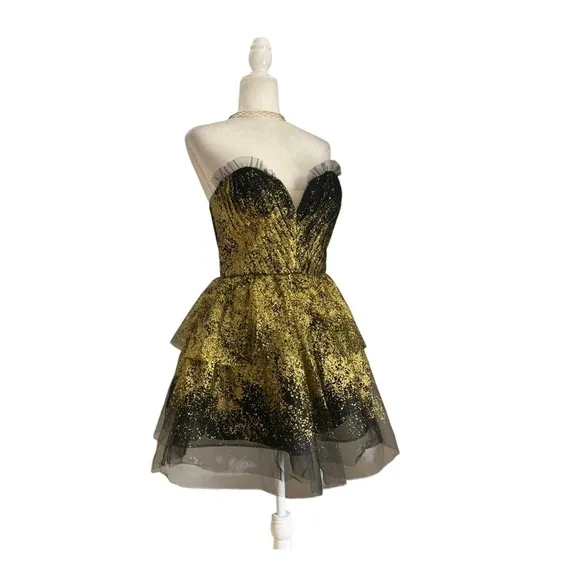 Marchesa Notte Strapless Tiered Glittered Tulle Mini Dress Black Gold