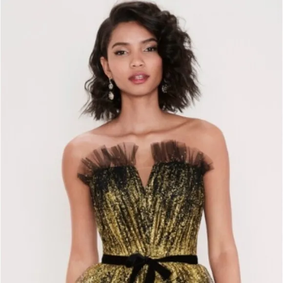 Marchesa Notte Strapless Tiered Glittered Tulle Mini Dress Black Gold