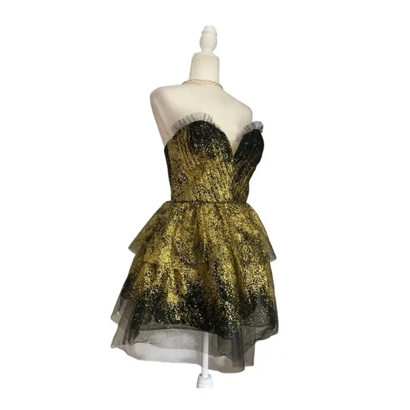 Marchesa Notte Strapless Tiered Glittered Tulle Mini Dress Black Gold