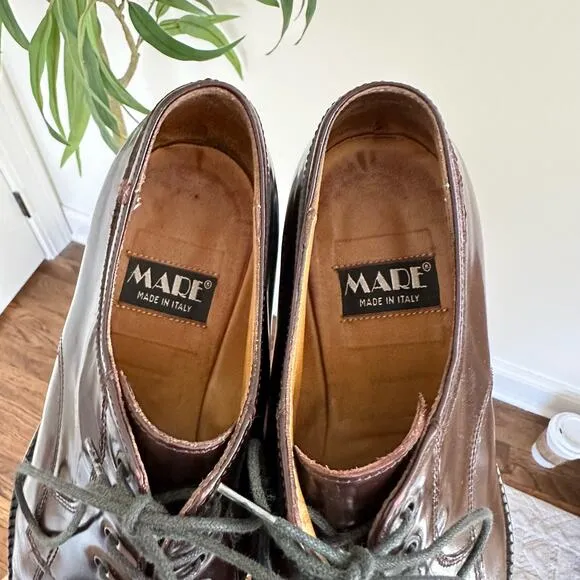 MARE Patent Leather Lace Up Almond-Toe Oxford Loafer Shoes Brown 38.5