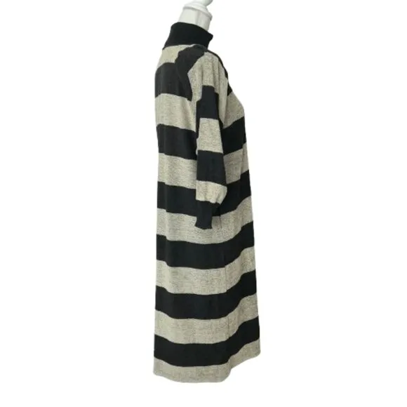 Marimekko Turtleneck Black Gray Minimalist Striped MIdi Length Dress Wide Stripe