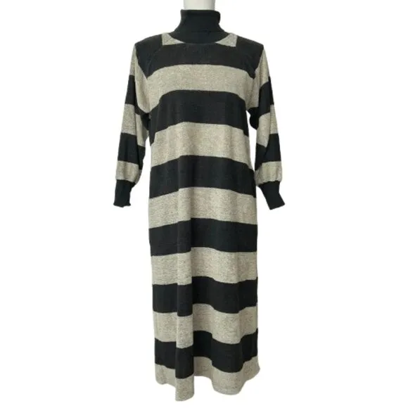Marimekko Turtleneck Black Gray Minimalist Striped MIdi Length Dress Wide Stripe