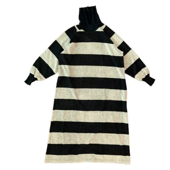 Marimekko Turtleneck Black Gray Minimalist Striped MIdi Length Dress Wide Stripe