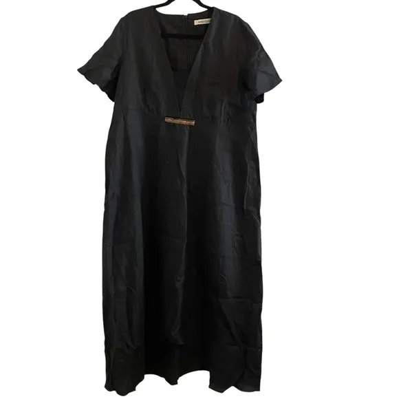MARINA RINALDI Black Linen Short Sleeve Maxi Dress Minimalist Lagenlook Size 14
