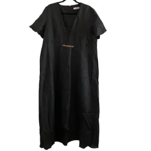 MARINA RINALDI Black Linen Short Sleeve Maxi Dress Minimalist Lagenlook Size 14