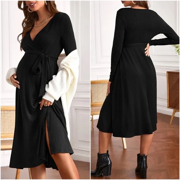 Maternity Black Ribbed Long Sleeve Minimalist Dress