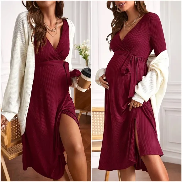 Maternity Black Ribbed Long Sleeve Minimalist Dress